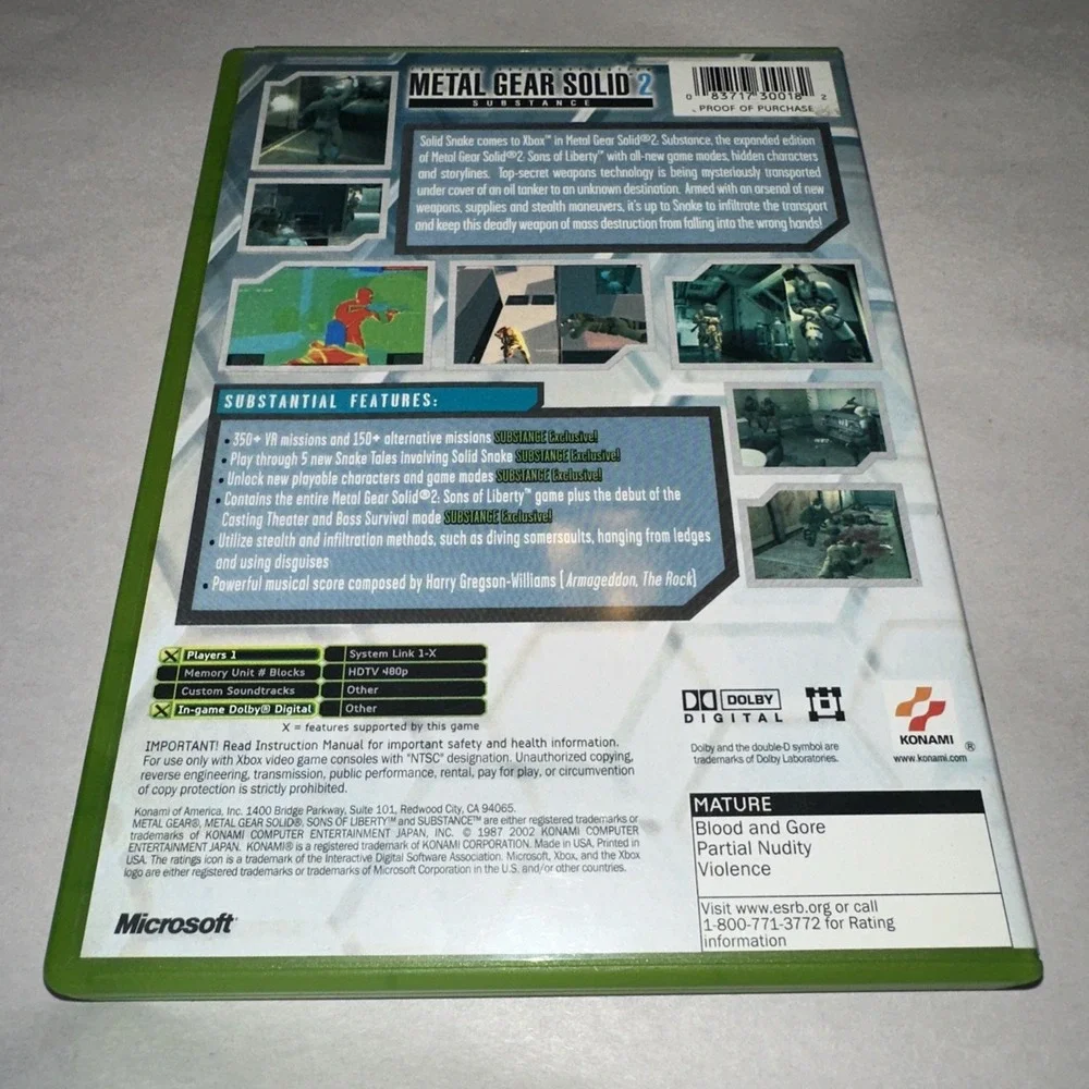 Metal Gear Solid 2: Substance (Microsoft Xbox, 2002) Complete CIB W/ Manual